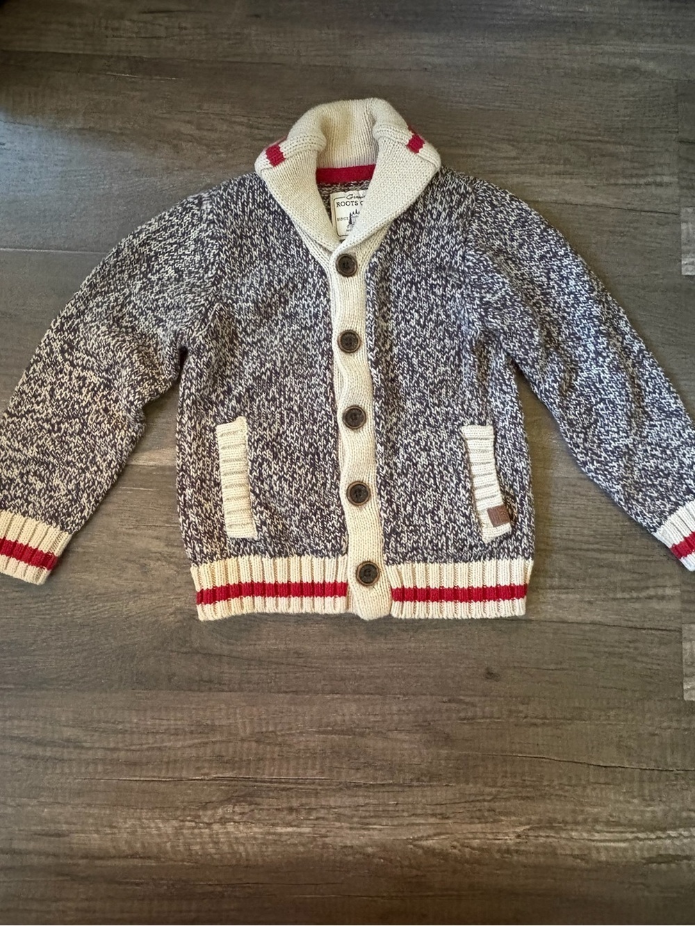 Kids Roots Salt and Pepper Collar Cardigan with Red Accents - Picture 1 of 4